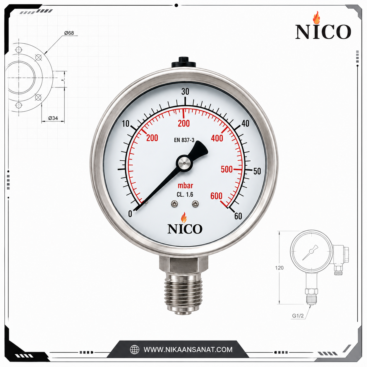 گیج فشار کپسولی PGN11 برند NICO برای اندازهگیری فشارهای پایین و میلیبار